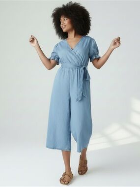 Lane Bryant Womens Plus Size 20 Blue Lyocell Chambray Puff Sleeve Wrap Jumpsuit